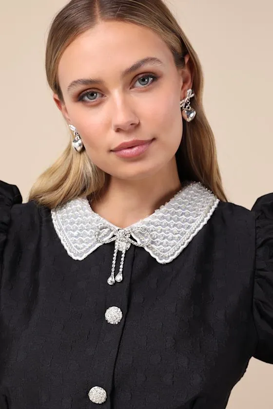Dallas Jewels Black Jacquard Bead Collar Puff Sleeve Mini Dress sold by Lulus product image thumbnail 4