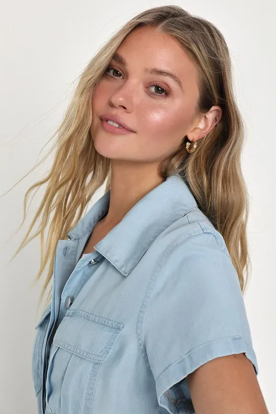 Saturday Satisfaction Light Blue Chambray Collared Romper sold by Lulus product image thumbnail 3