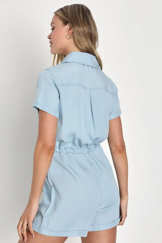 Saturday Satisfaction Light Blue Chambray Collared Romper sold by Lulus product image thumbnail 4