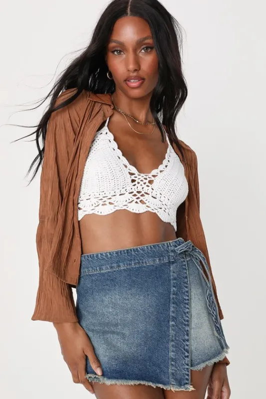 Emmy Medium Wash Side-Tie Wrap Denim Skort made by Free People