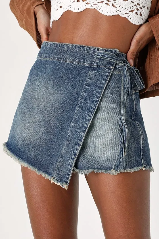 Emmy Medium Wash Side-Tie Wrap Denim Skort sold by Lulus product image thumbnail 4