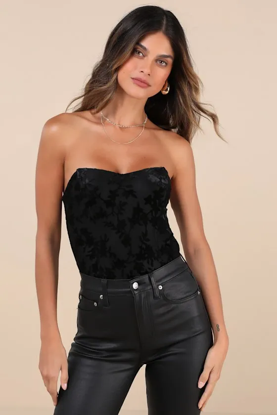 Iconic Beauty Black Velvet Floral Strapless Bodysuit sold by Lulus
