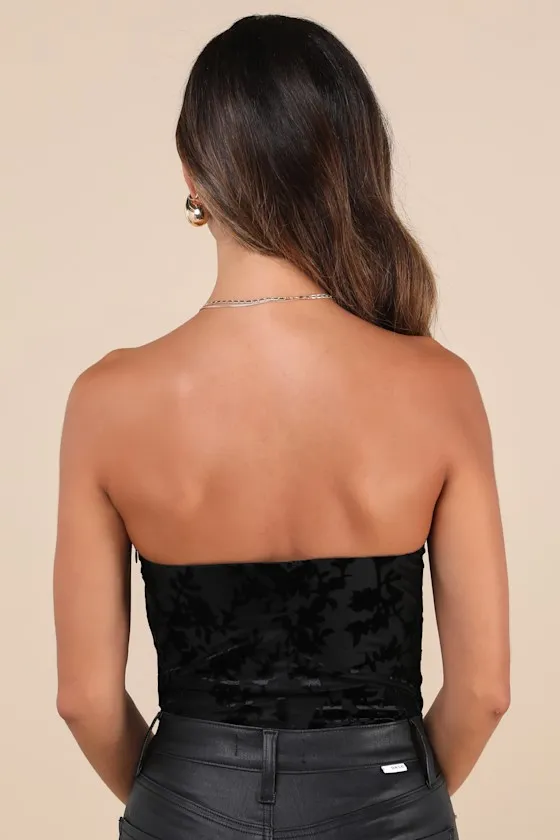 Iconic Beauty Black Velvet Floral Strapless Bodysuit sold by Lulus product image thumbnail 3