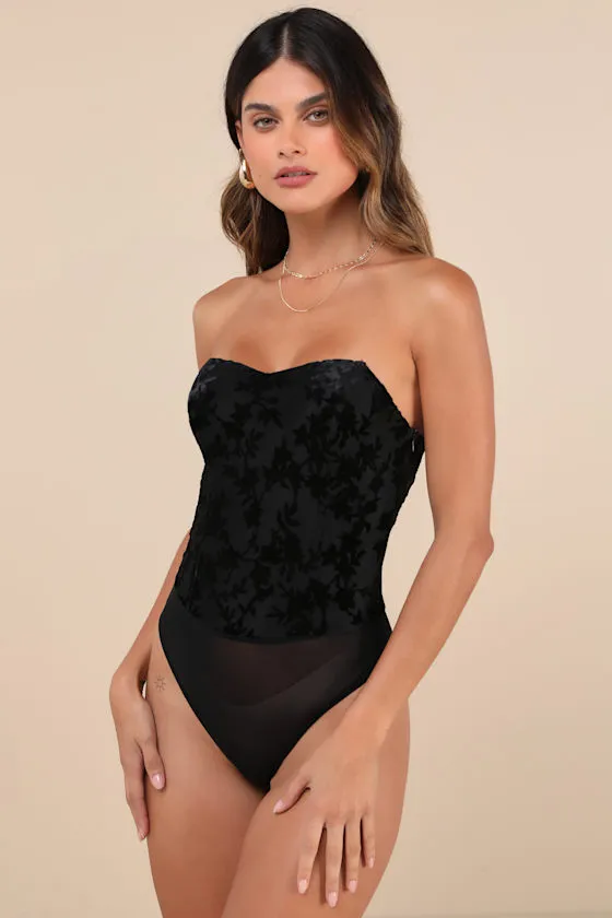 Iconic Beauty Black Velvet Floral Strapless Bodysuit sold by Lulus product image thumbnail 4