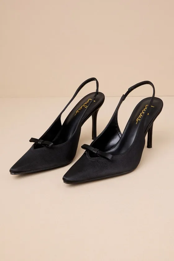 Alaster Black Satin Bow Pointed-Toe Slingback Pumps sold by Lulus product image thumbnail 2