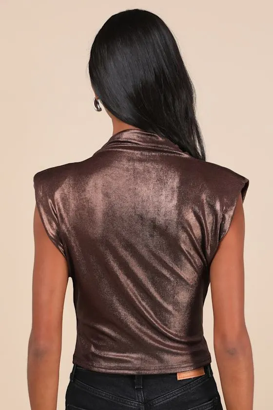 Solange Shiny Brown Slinky Sleeveless Mock Neck Top sold by Lulus product image thumbnail 2