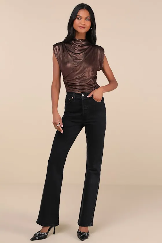 Solange Shiny Brown Slinky Sleeveless Mock Neck Top sold by Lulus product image thumbnail 3