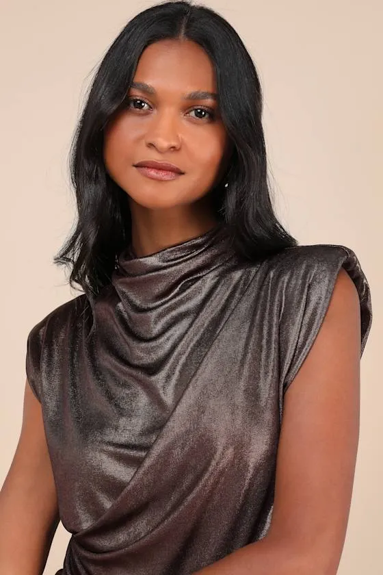 Solange Shiny Brown Slinky Sleeveless Mock Neck Top sold by Lulus product image thumbnail 4