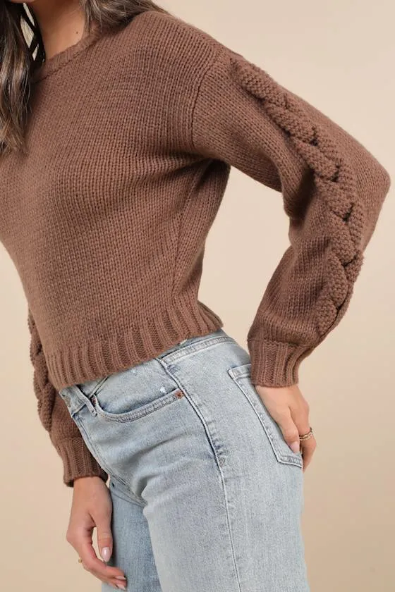 Playful Comfort Brown Cable Knit Crew Neck Pullover Sweater sold by Lulus product image thumbnail 4