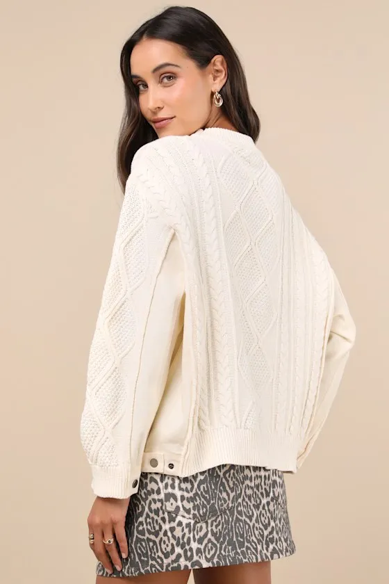 Unique Sweetness Ivory Cable Knit Oversized Denim Sweater sold by Lulus product image thumbnail 3