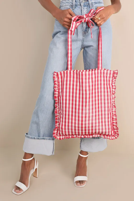 Stables Red and White Gingham Ruffled Tie-Strap Tote Bag sold by Lulus