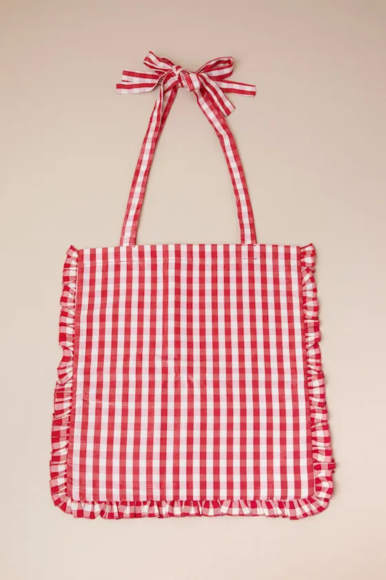 Stables Red and White Gingham Ruffled Tie-Strap Tote Bag sold by Lulus product image thumbnail 2