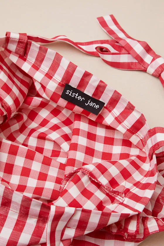 Stables Red and White Gingham Ruffled Tie-Strap Tote Bag sold by Lulus product image thumbnail 4