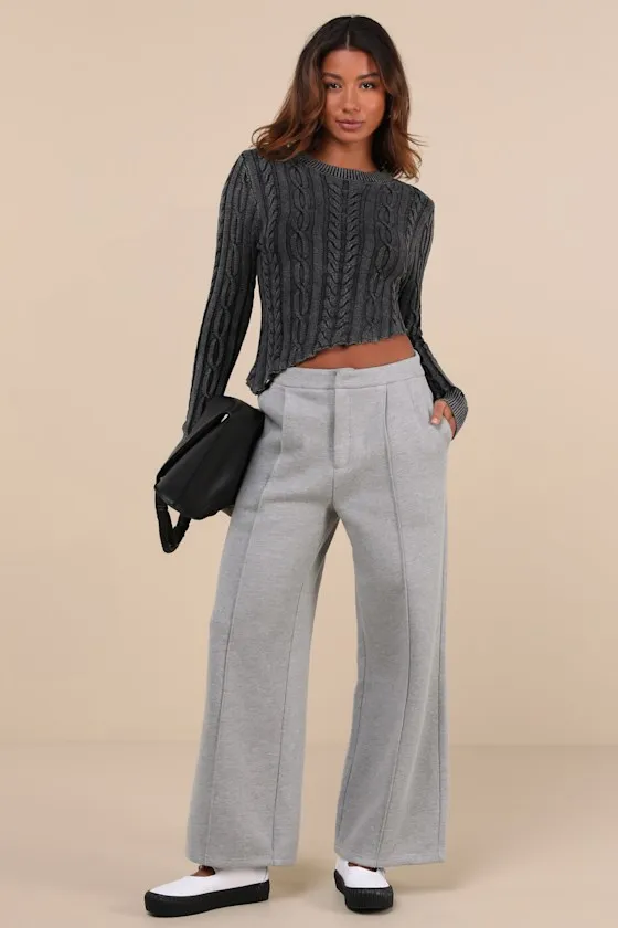 Poised Coziness Heather Grey Pintuck Wide-Leg Sweatpant Trousers sold by Lulus