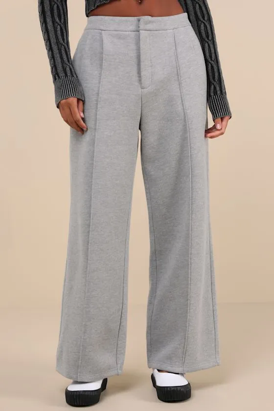 Poised Coziness Heather Grey Pintuck Wide-Leg Sweatpant Trousers sold by Lulus product image thumbnail 2