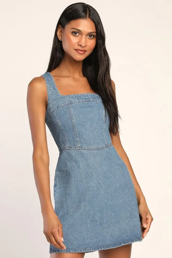 So Delighted Medium Wash Denim Corset Seam Mini Dress sold by Lulus