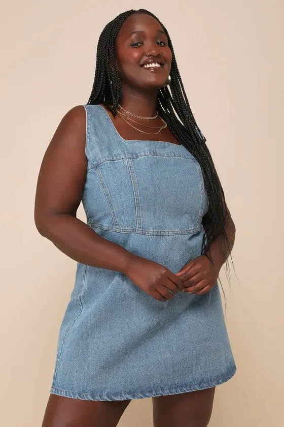 So Delighted Medium Wash Denim Corset Seam Mini Dress sold by Lulus product image thumbnail 2