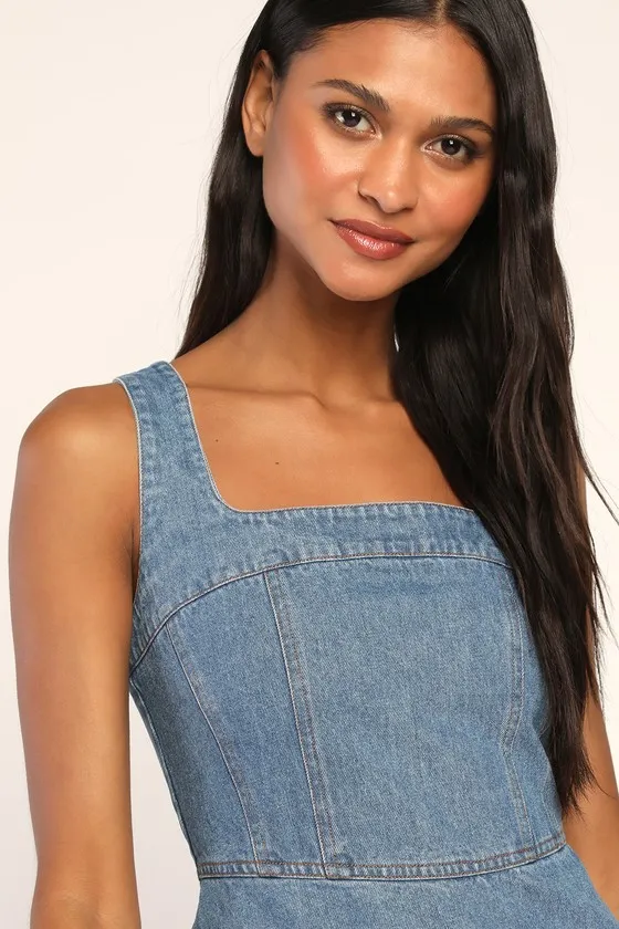 So Delighted Medium Wash Denim Corset Seam Mini Dress sold by Lulus product image thumbnail 4