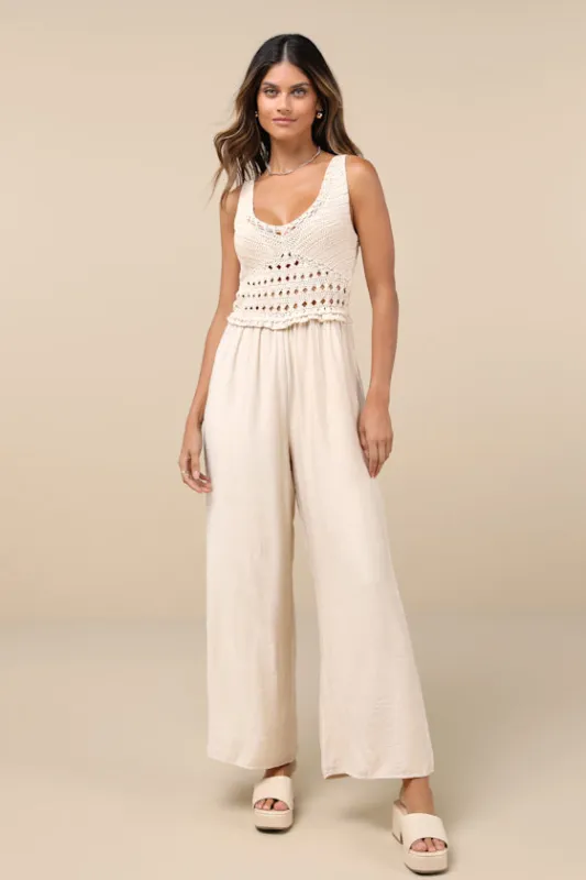 Breezy Demeanor Beige Crochet Sleeveless Wide-Leg Jumpsuit sold by Lulus