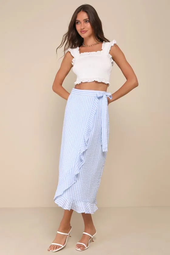 Effortlessly Sunny Blue and White Striped Wrap Midi Skirt sold by Lulus