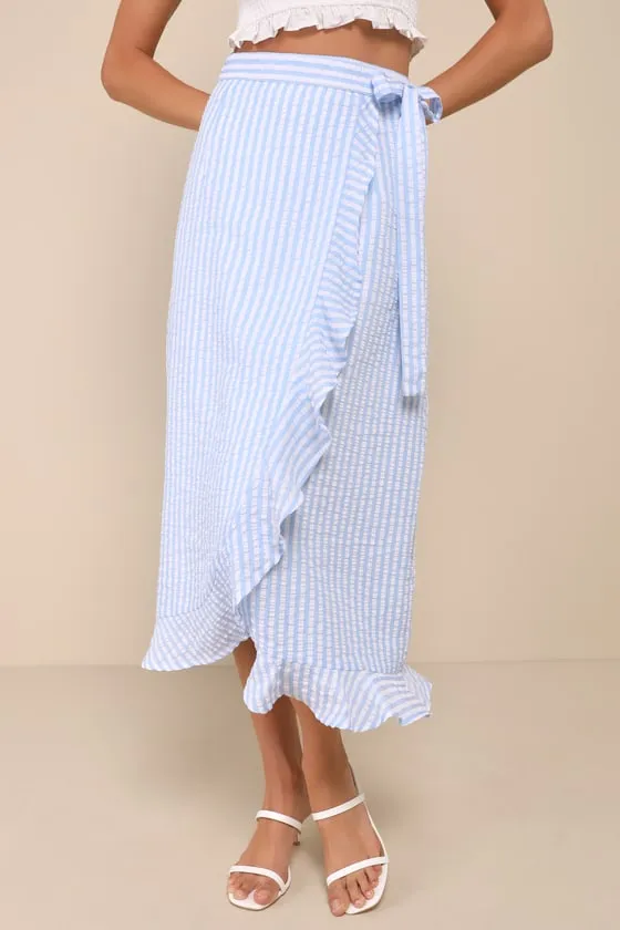 Effortlessly Sunny Blue and White Striped Wrap Midi Skirt sold by Lulus product image thumbnail 2