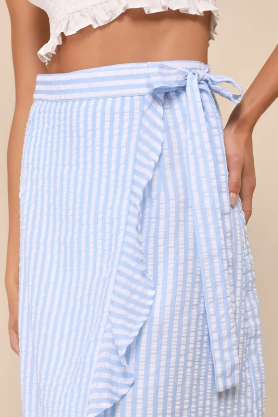 Effortlessly Sunny Blue and White Striped Wrap Midi Skirt sold by Lulus product image thumbnail 4