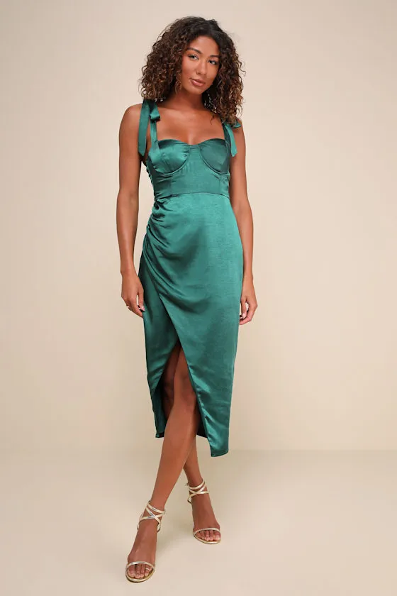 Graceful Sophistication Emerald Green Satin Tie-Strap Midi Dress sold by Lulus