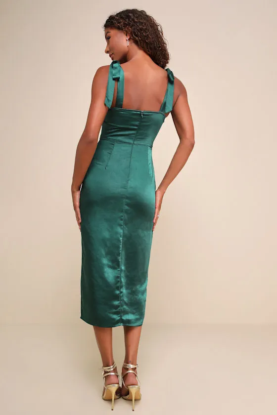 Graceful Sophistication Emerald Green Satin Tie-Strap Midi Dress sold by Lulus product image thumbnail 3