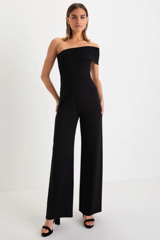 Transcend Time Black One-Shoulder Jumpsuit sold by Lulus