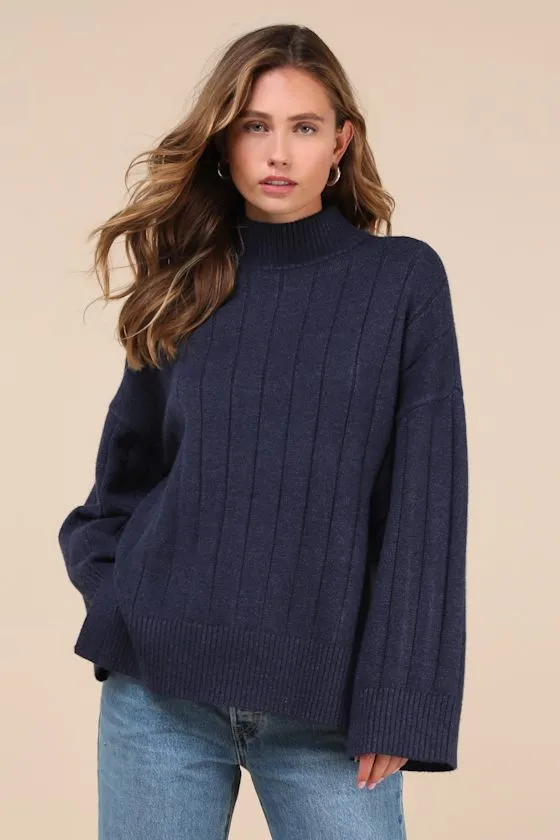 Seasonal Snuggles Navy Ribbed Mock Neck Pullover Sweater sold by Lulus