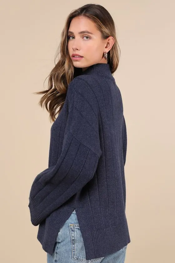 Seasonal Snuggles Navy Ribbed Mock Neck Pullover Sweater sold by Lulus product image thumbnail 2