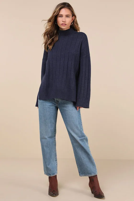 Seasonal Snuggles Navy Ribbed Mock Neck Pullover Sweater sold by Lulus product image thumbnail 3