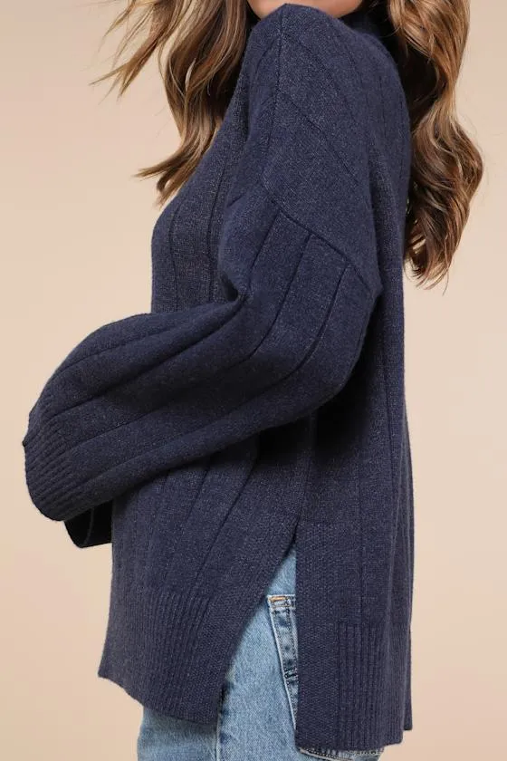 Seasonal Snuggles Navy Ribbed Mock Neck Pullover Sweater sold by Lulus product image thumbnail 4