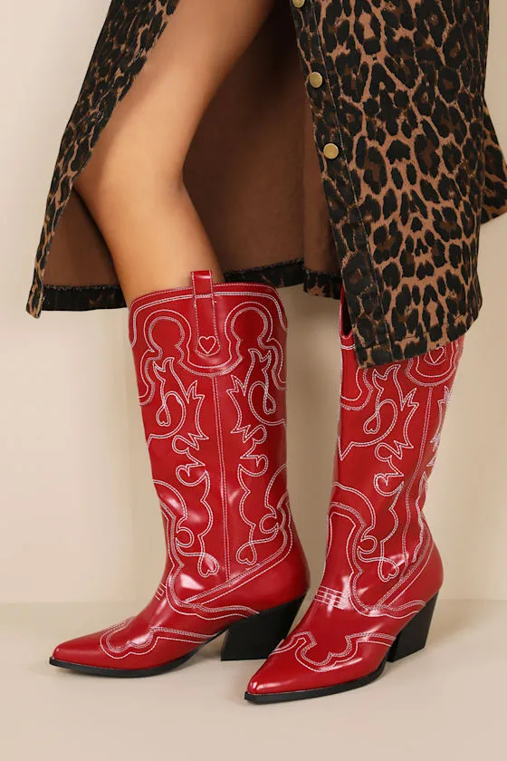 Zaine Garnet Shine Mid-Calf Western Boots sold by Lulus