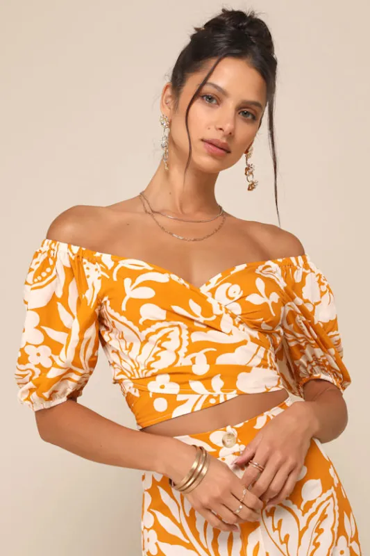 Double the Charm Orange Floral Off-the-Shoulder Wrap Crop Top sold by Lulus