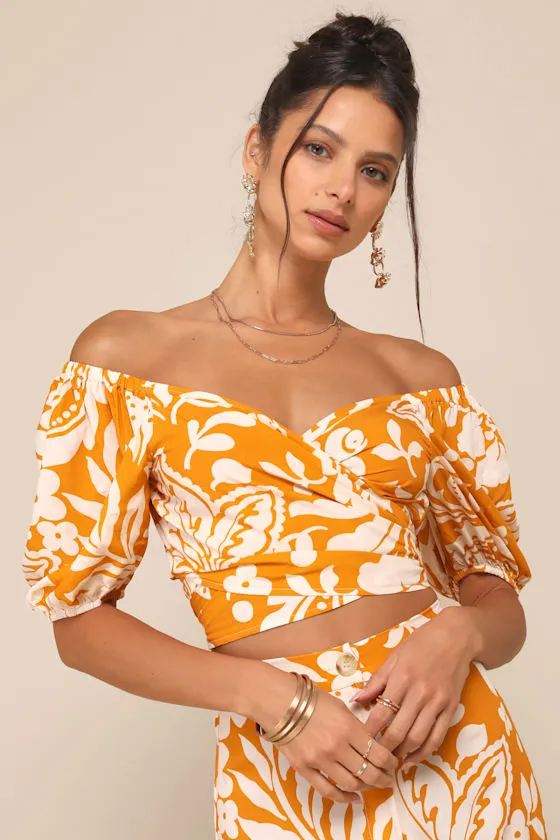 Double the Charm Orange Floral Off-the-Shoulder Wrap Crop Top sold by Lulus