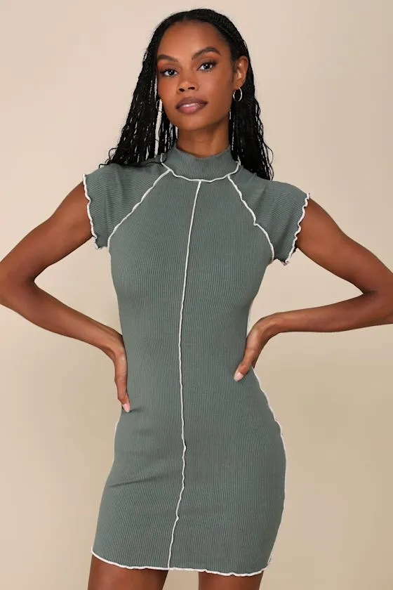 Cool Vibe Olive Green Ribbed Short Sleeve Mock Neck Mini Dress sold by Lulus
