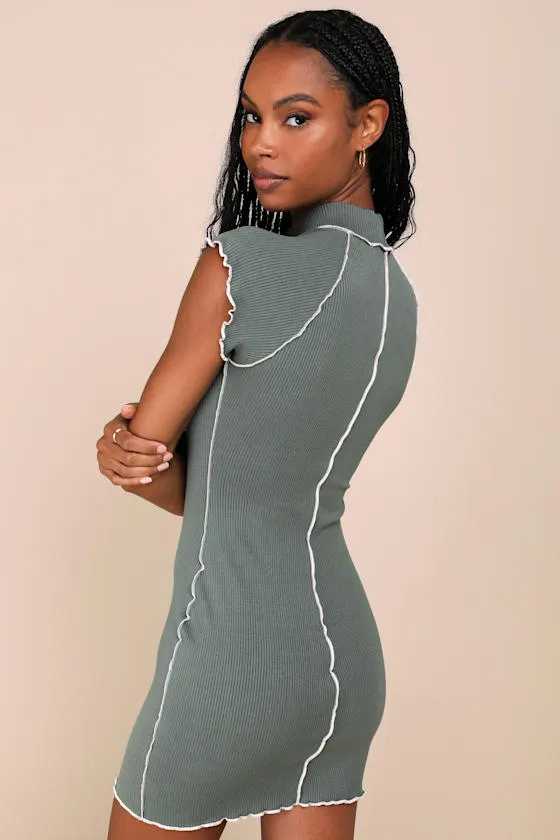 Cool Vibe Olive Green Ribbed Short Sleeve Mock Neck Mini Dress sold by Lulus product image thumbnail 2