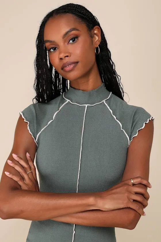 Cool Vibe Olive Green Ribbed Short Sleeve Mock Neck Mini Dress sold by Lulus product image thumbnail 4
