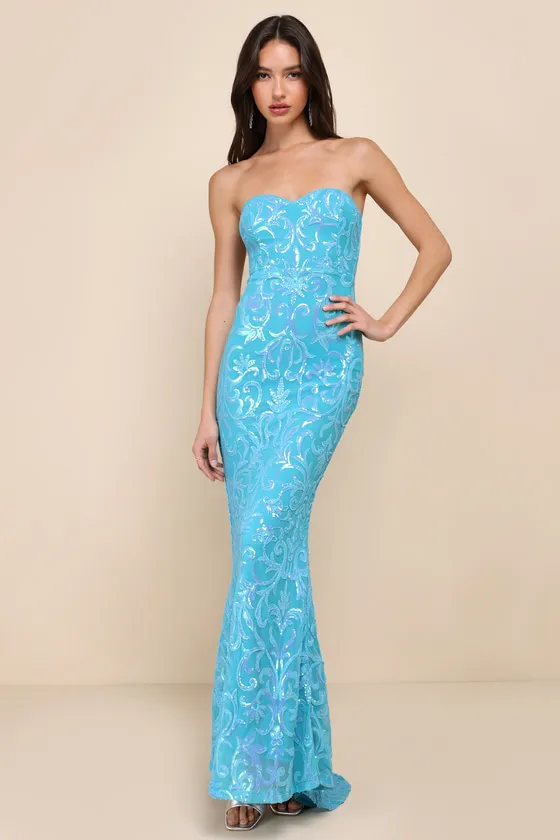 Glam Aura Blue Iridescent Sequin Strapless Maxi Dress sold by Lulus