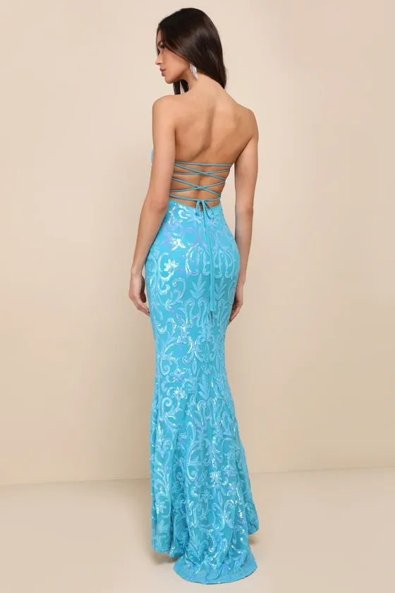 Glam Aura Blue Iridescent Sequin Strapless Maxi Dress sold by Lulus product image thumbnail 2