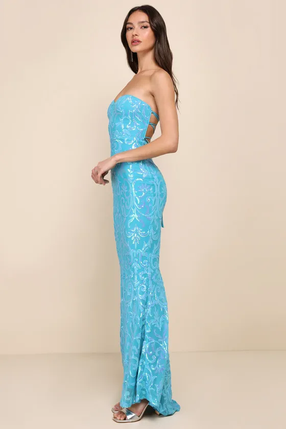 Glam Aura Blue Iridescent Sequin Strapless Maxi Dress sold by Lulus product image thumbnail 3