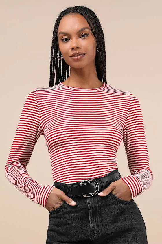 Inclined to Sweetness Red and White Striped Long Sleeve Top sold by Lulus