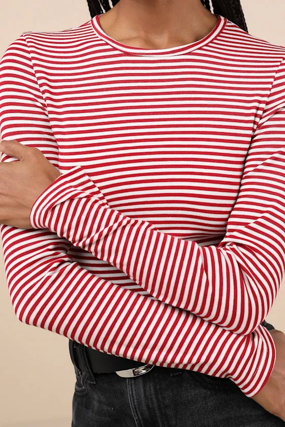 Inclined to Sweetness Red and White Striped Long Sleeve Top sold by Lulus product image thumbnail 4