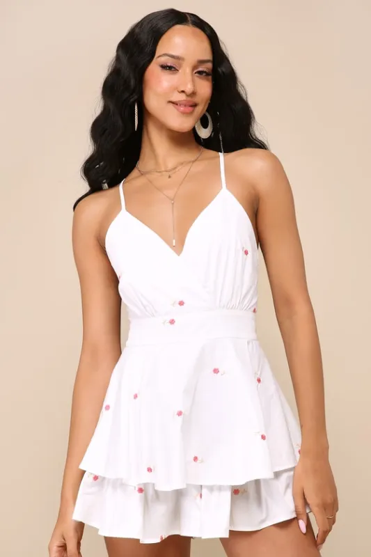 Lovely Intent White Floral Embroidered Backless Tiered Romper sold by Lulus