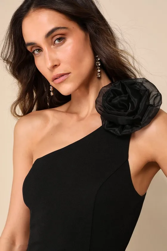 Divine Poise Black One-Shoulder Rosette Mermaid Maxi Dress sold by Lulus product image thumbnail 4