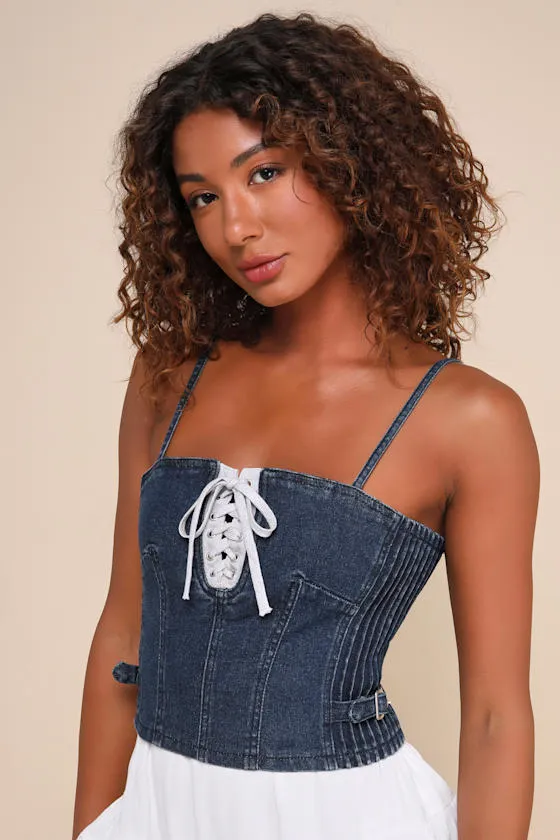 Edgy Tendency Dark Wash Denim Lace-Up Cropped Cami Top sold by Lulus