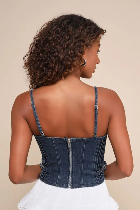 Edgy Tendency Dark Wash Denim Lace-Up Cropped Cami Top sold by Lulus product image thumbnail 2