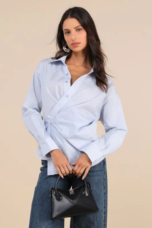 Flykra Light Blue Striped Asymmetrical Button-Up Wrap Top sold by Lulus