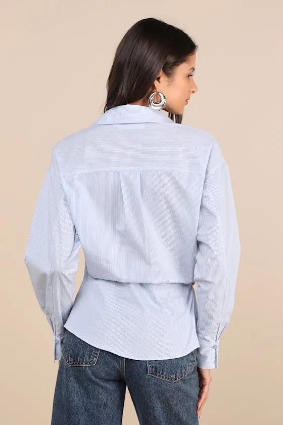 Flykra Light Blue Striped Asymmetrical Button-Up Wrap Top sold by Lulus product image thumbnail 2